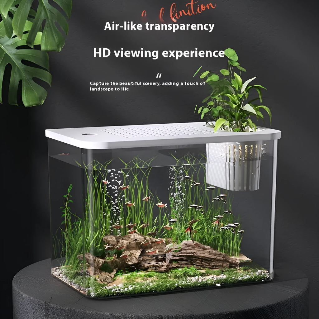 A black rectangular plastic fish tank with a clear plastic cover, sitting on a table.