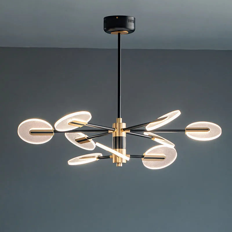 Nordic style iron LED chandelier with multiple acrylic shades hanging from a central frame.