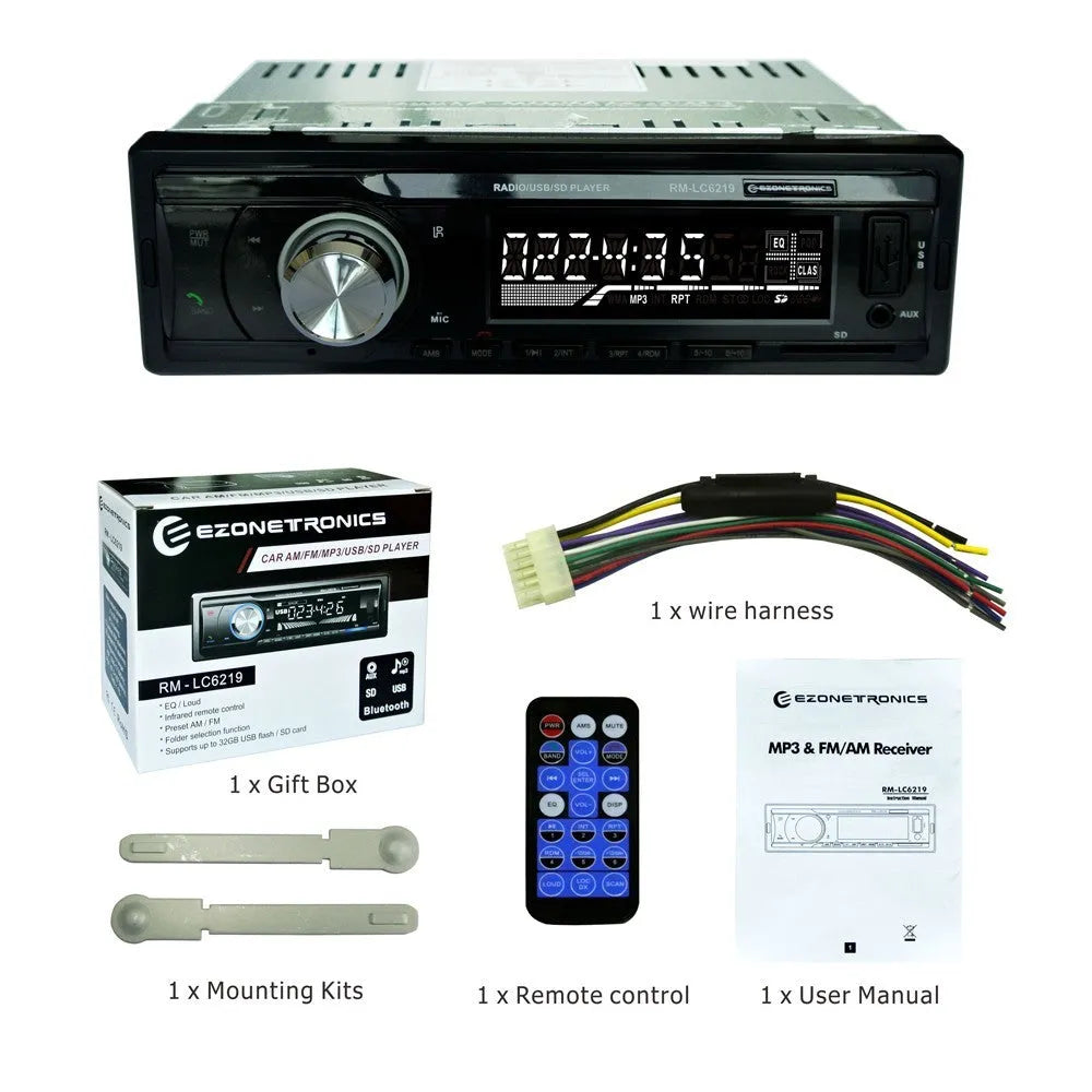 Car stereo receiver with Bluetooth, USB port, SD card slot and auxiliary input for vehicle audio