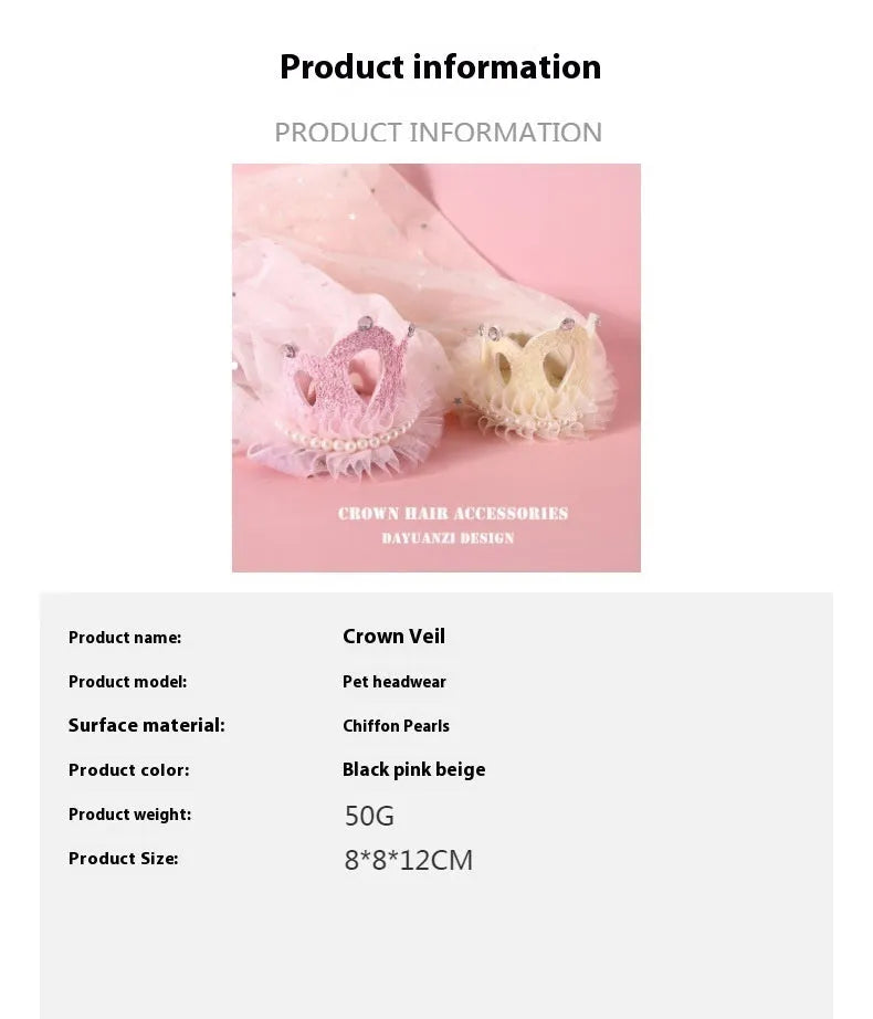 Pet cat wearing princess crown headdress with veil in beige or pink colour