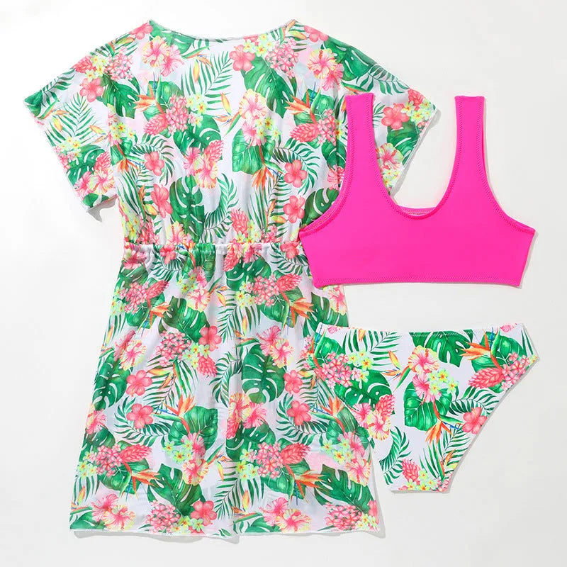 Girls' floral pattern two-piece swimsuit with overclothes in Korean style