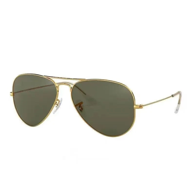 Tempered glass sunglasses with UV protection in gold, silver, and black frame options.