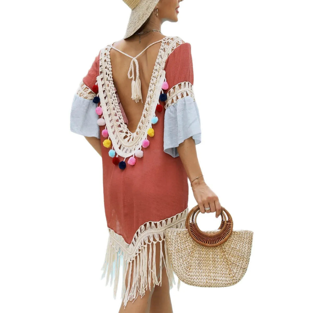 Orange floral beach overskirt with hand crochet detailing and tassels
