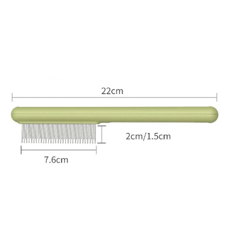 Green stainless steel cat comb with rounded teeth for pet grooming and flea removal
