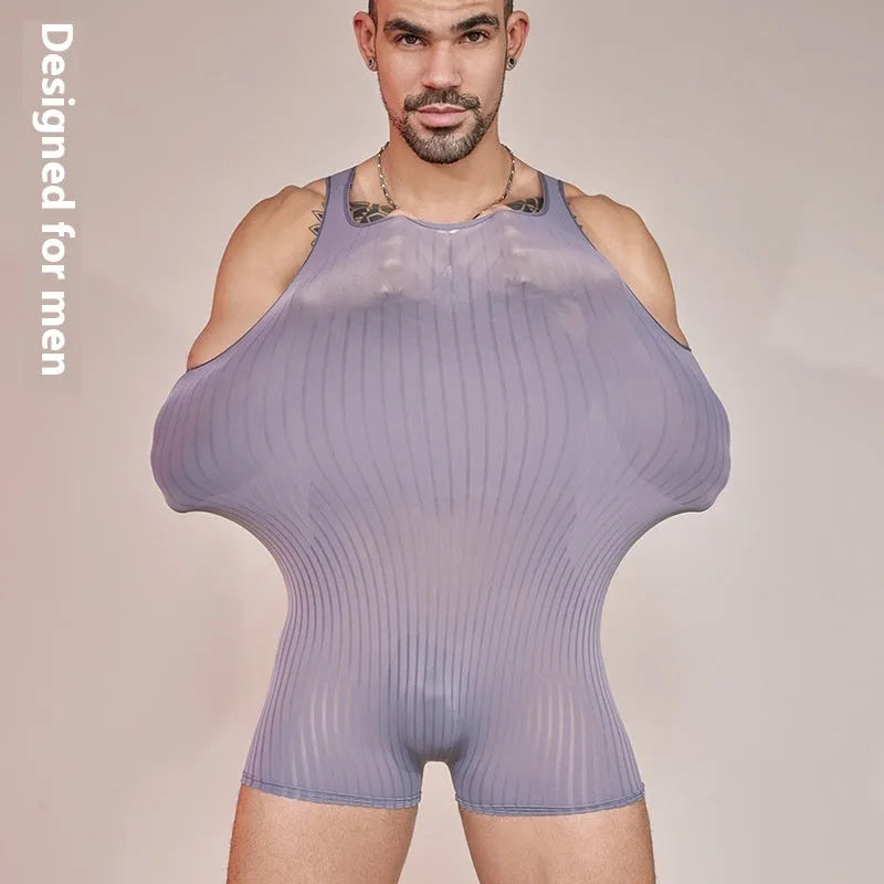 Men's lightweight nylon jumpsuit with wide vertical stripes in black, shown in a free size fit.