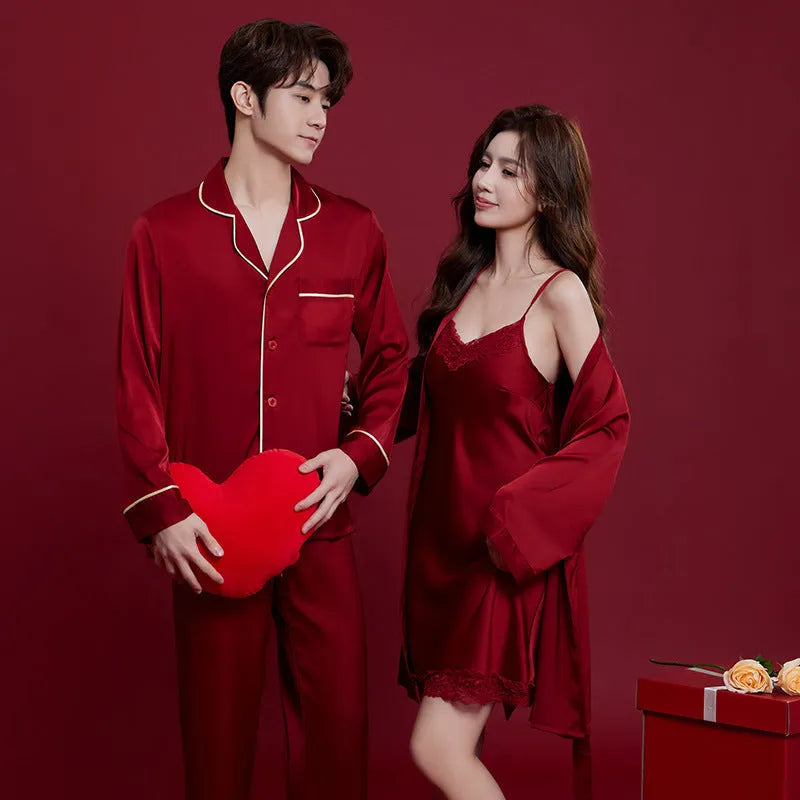 Red silk matching men's and women's pyjama set with long sleeves and trousers