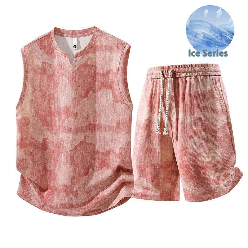 Sleeveless vest and shorts two-piece casual set for plus sizes on a hanger