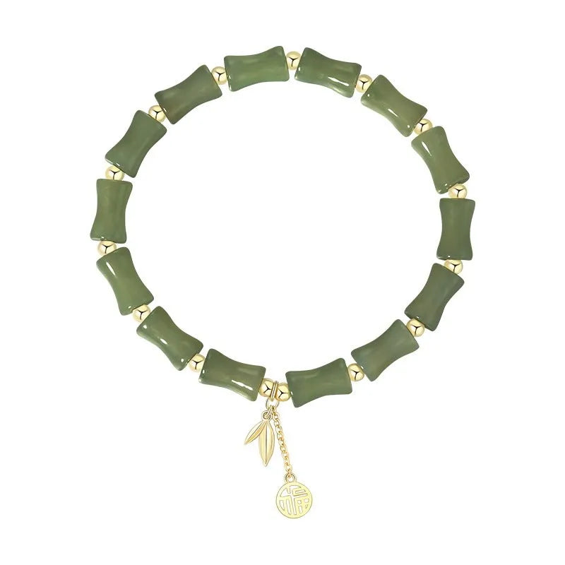 Green Chinese bamboo style jade bracelet and necklace set with traditional design