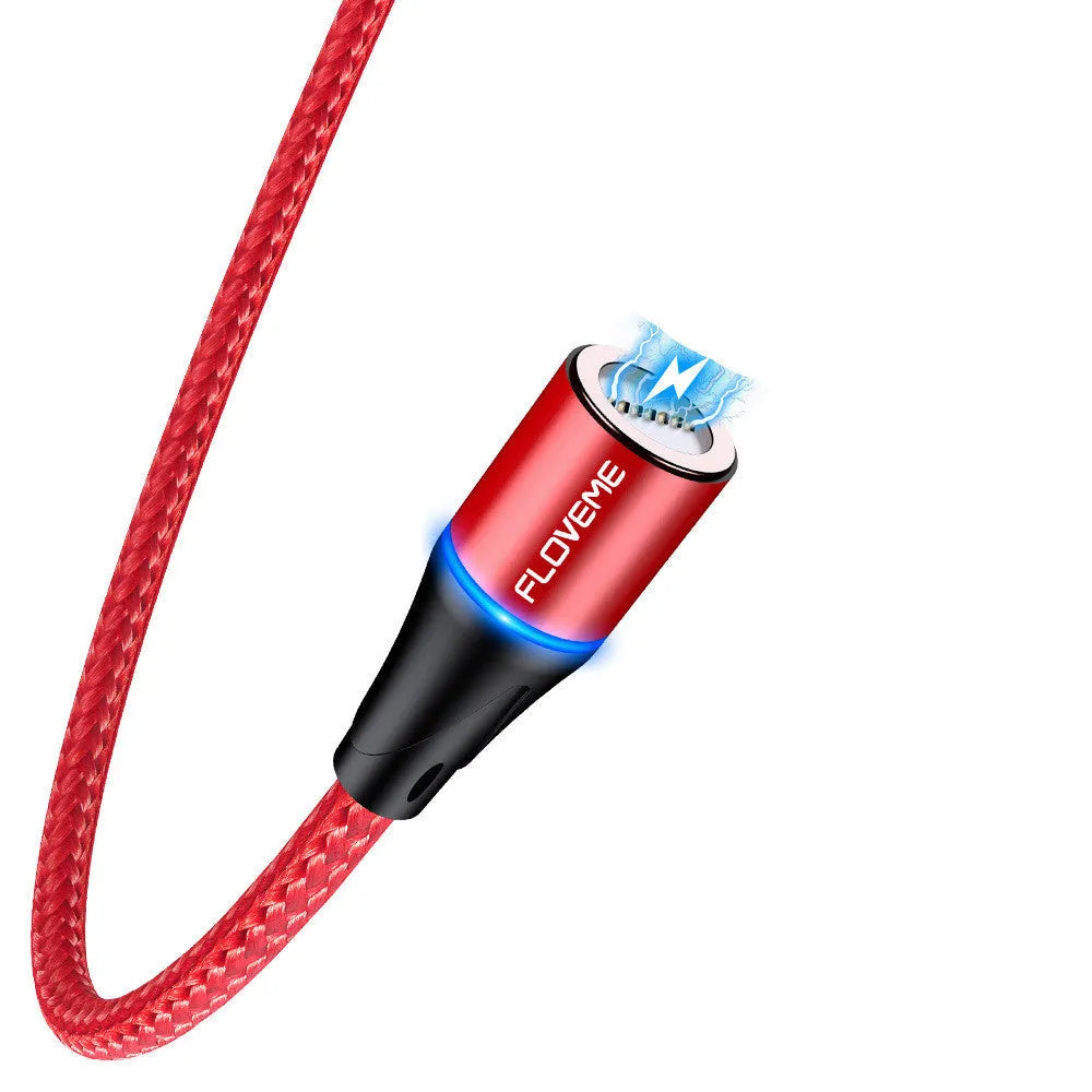 Magnetic data cable with LED side lights in black, red, or silver colour, compatible with Apple iPhone, Android, and Type-C devices