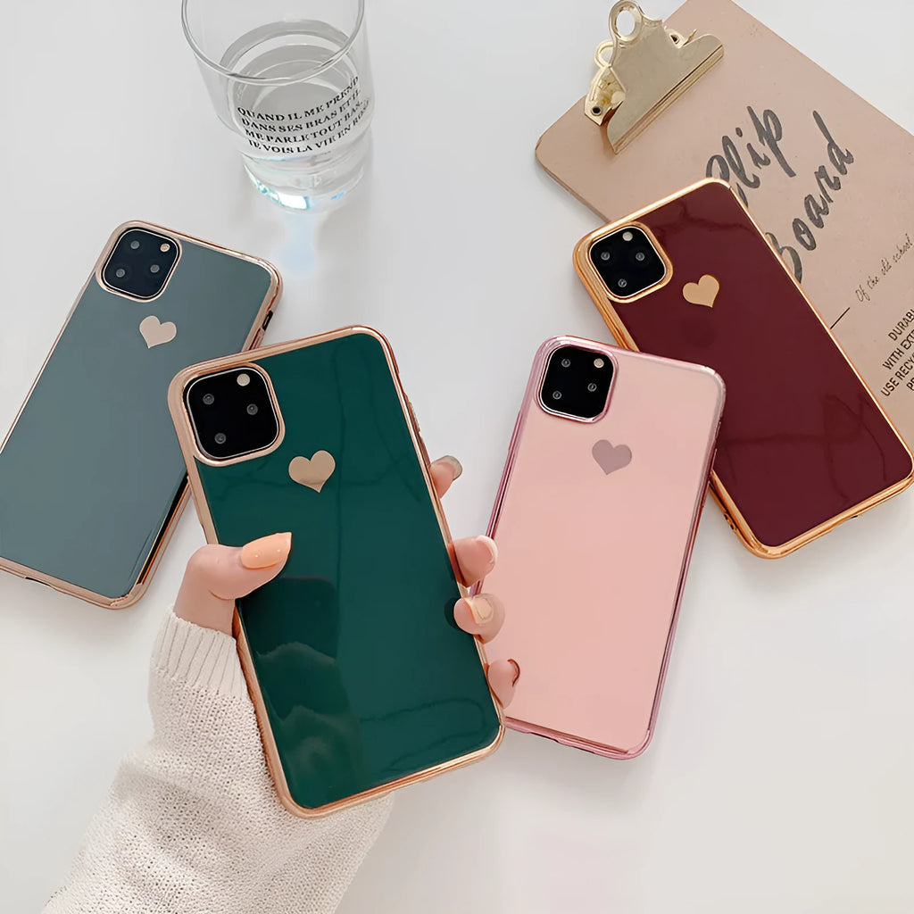 Solid colour TPU luxury plating love phone case for iPhone in blue, shown on a phone.