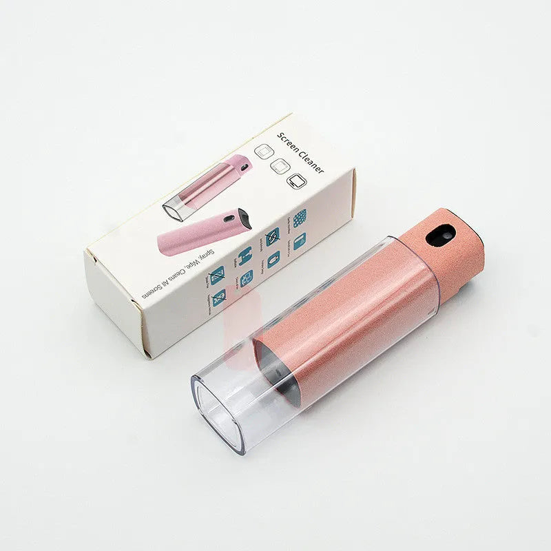 2-in-1 screen cleaner kit with spray bottle and microfiber cloth in pink and grey for phone and computer screens
