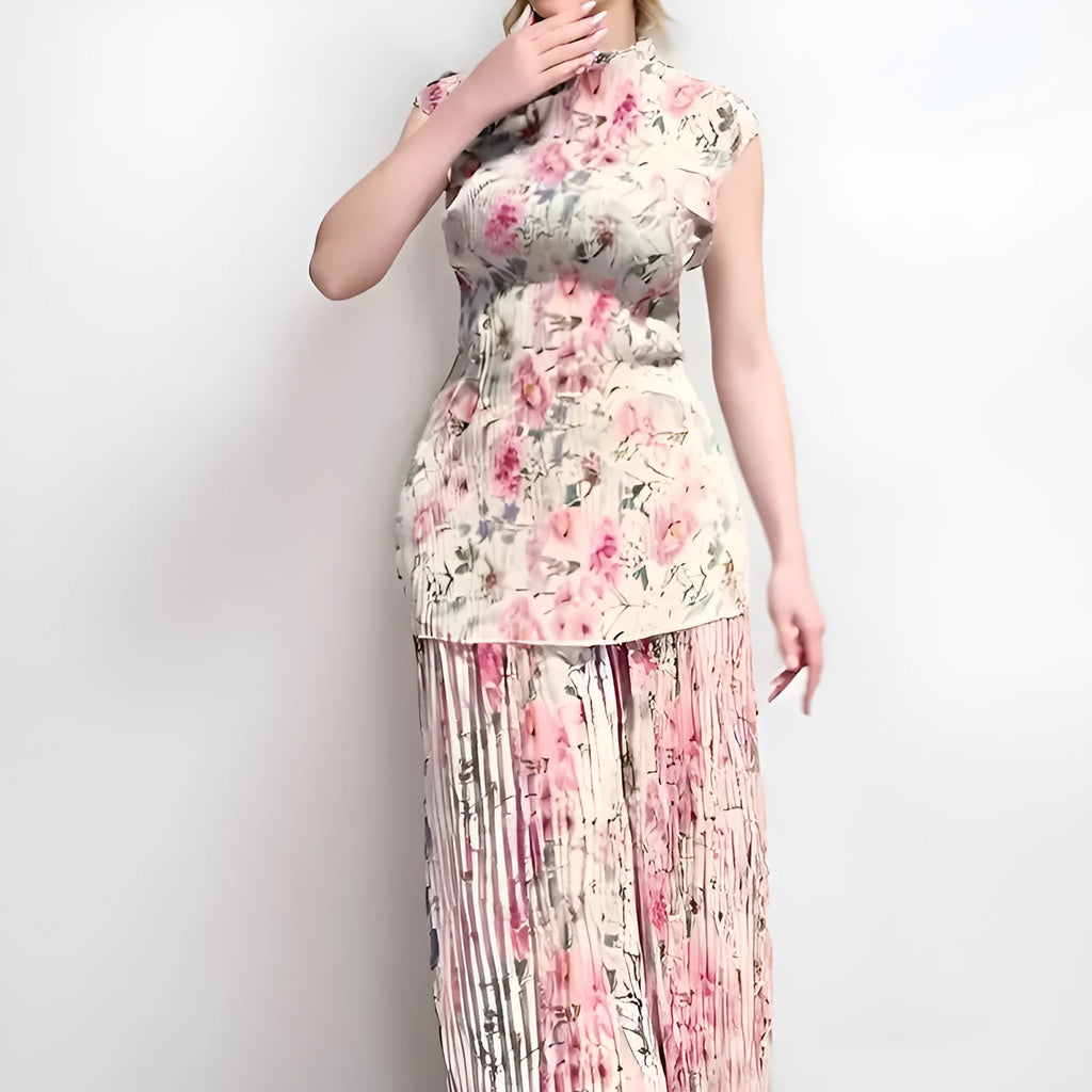 Long sleeve printed chiffon high waist dress shown as a two-piece skirt and top set.