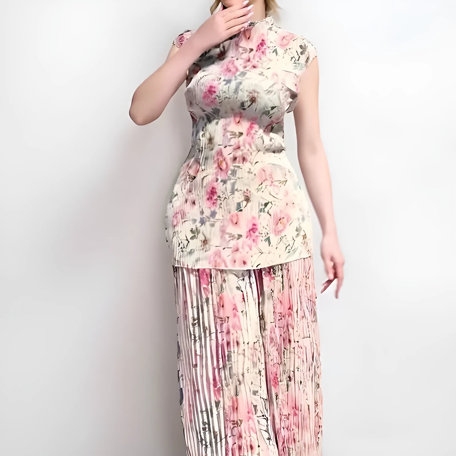 Long sleeve printed chiffon high waist dress shown as a two-piece skirt and top set.