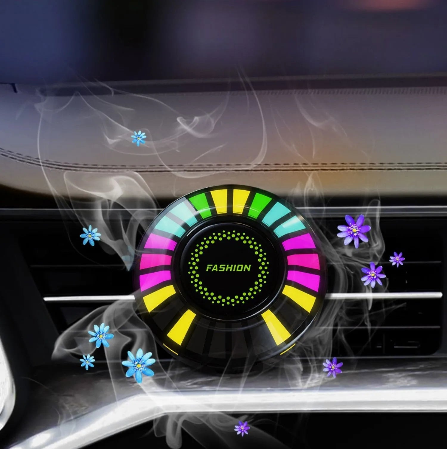 3D RGB car atmosphere light with voice control and aromatherapy diffuser mounted in car vent