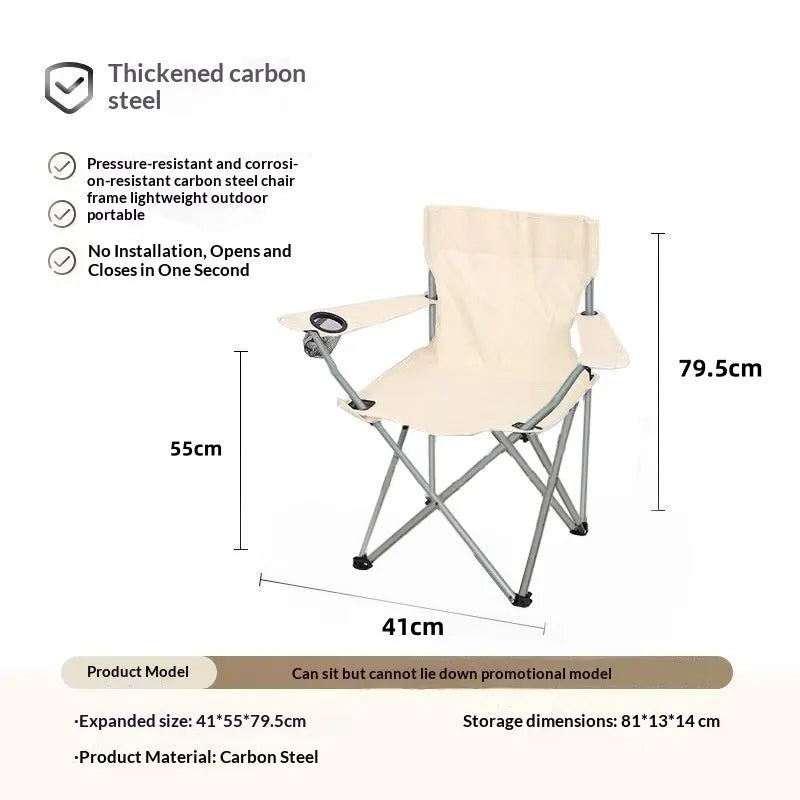 Portable folding recliner chair in beige for outdoor and office use, folded for storage