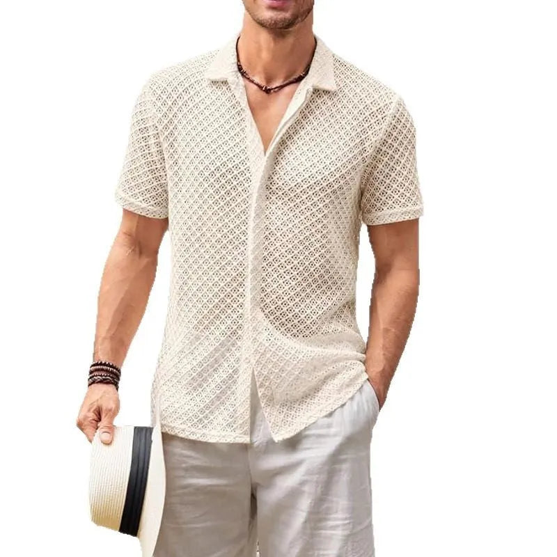 Men's short sleeve lapel collar shirt in cotton blend polyester fabric