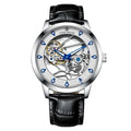 Men's silver case mechanical watch with white dial, blue hands, and black genuine leather strap.