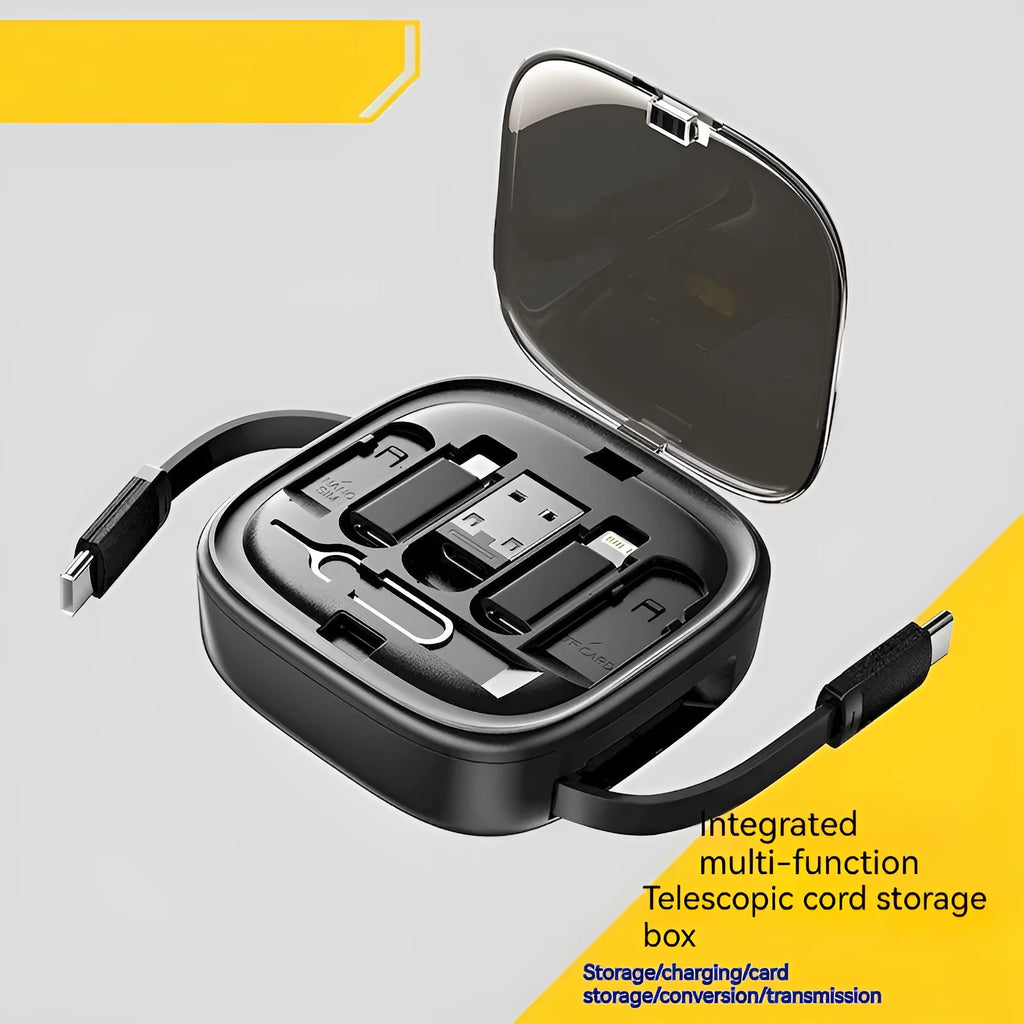 60W fast charging cable storage box in black, with adjustable 0.5-1m cable and multi-interface support