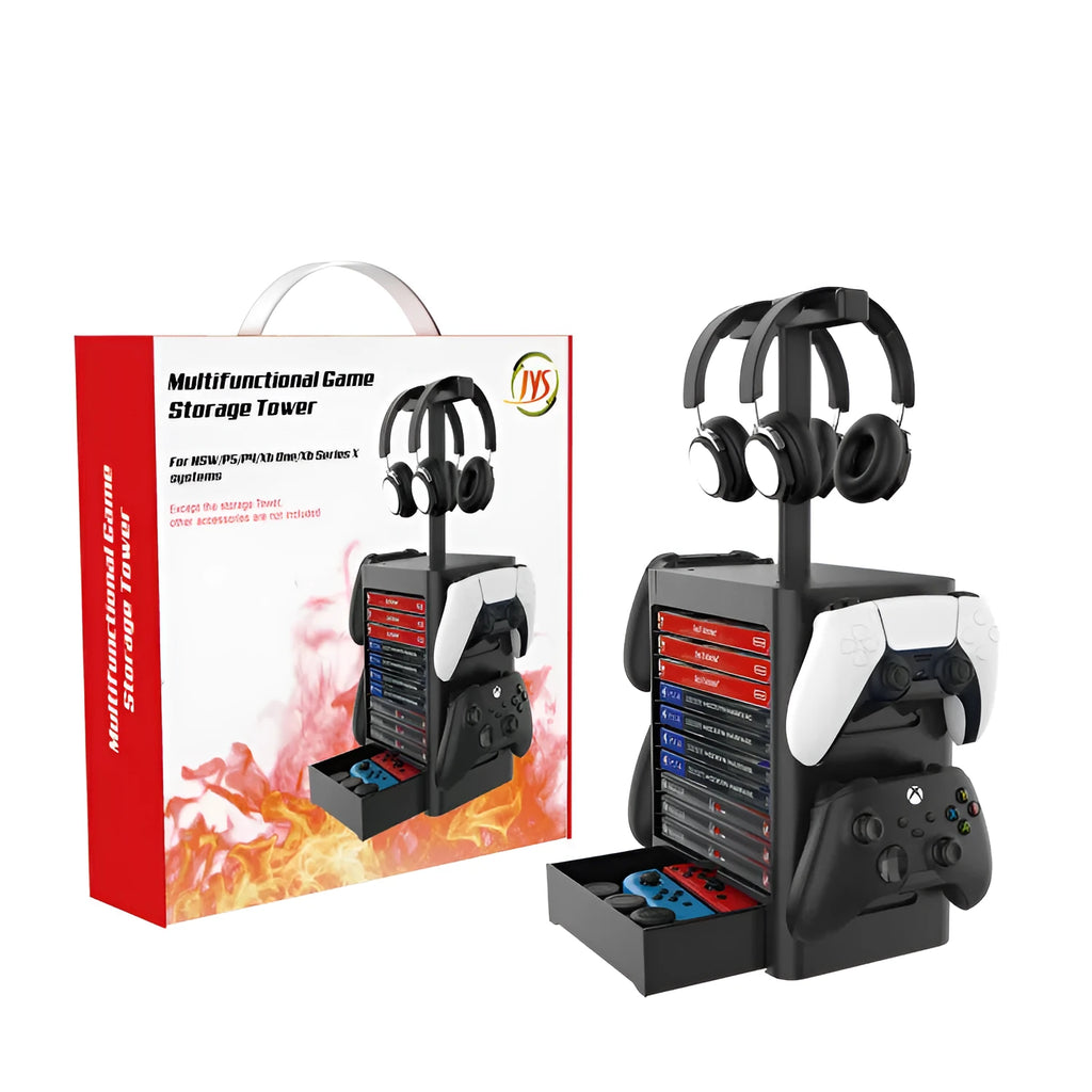 Black ABS plastic gaming console accessories storage rack with headphone stand, controller hooks, and drawer