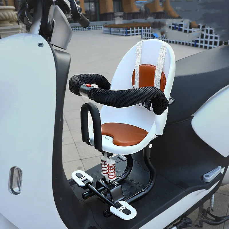 Front-mounted child seat for a battery scooter with a black high carbon steel frame.