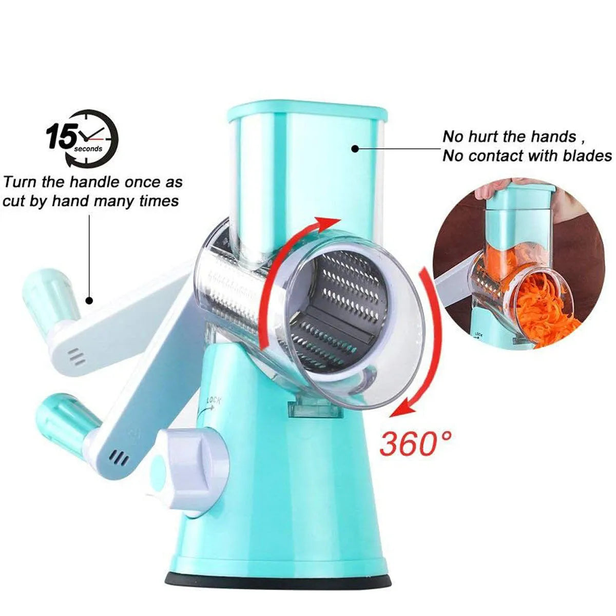 Manual kitchen mandoline slicer with stainless steel blades in blue, green or red colour