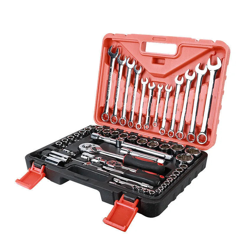 61-piece chrome vanadium steel auto repair socket and wrench set with ratchets displayed on a workbench.