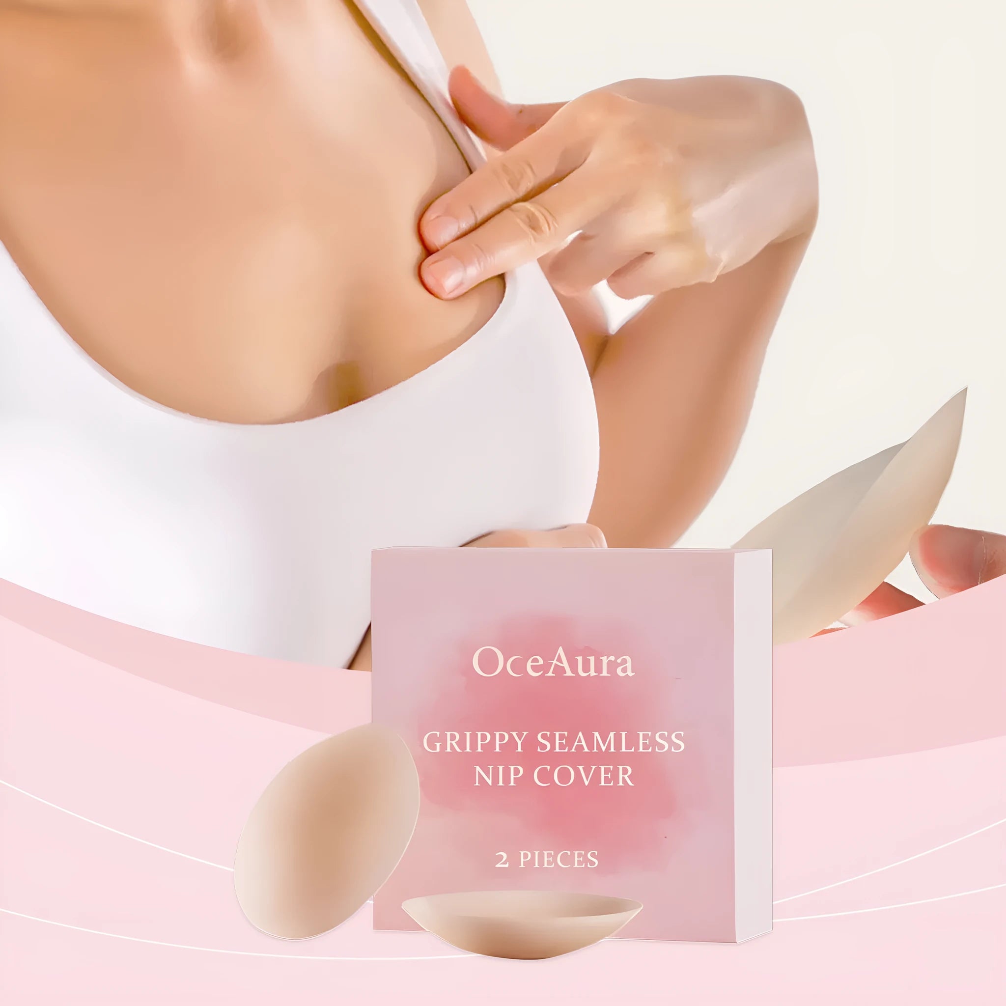 Two translucent chest patches with adhesive backing for discreet skin coverage and hydration