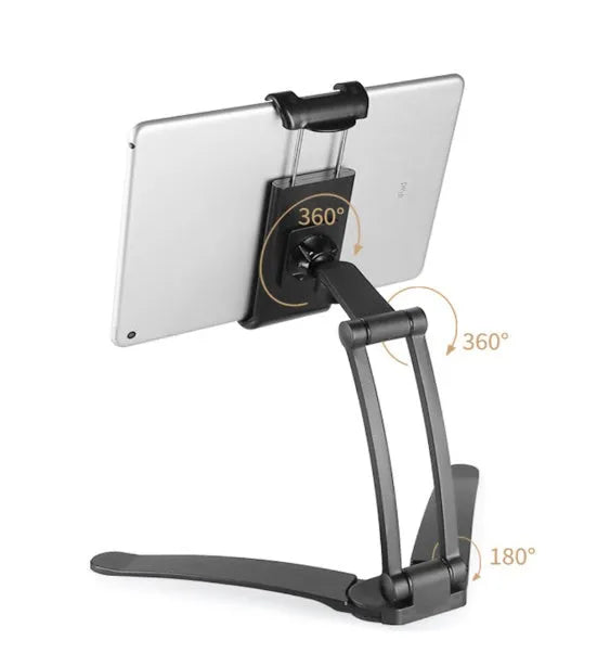 Silver and black aluminium alloy desktop tablet stand with adjustable arm and dual clamps.