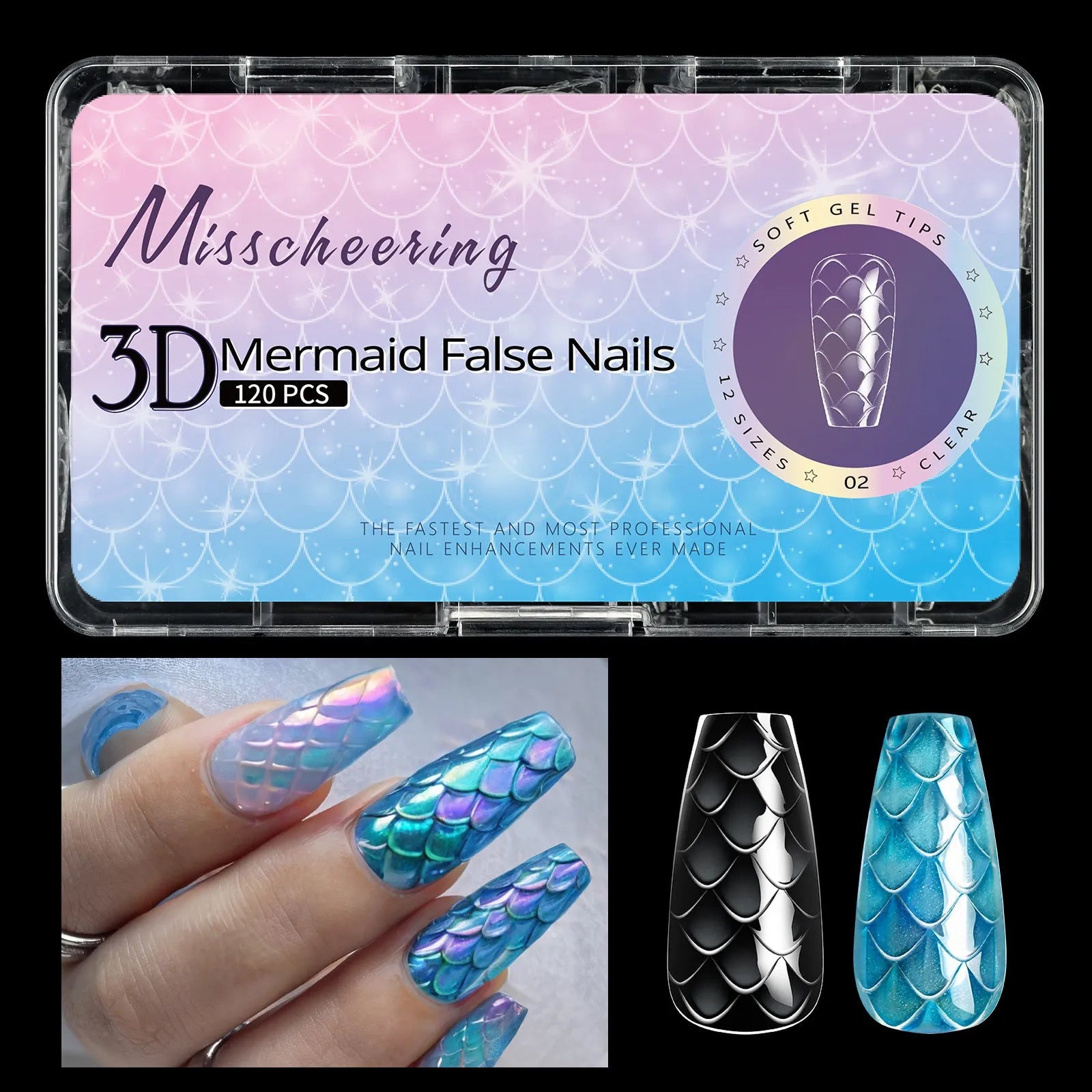 Box of 3D scale long shaping artificial nail tips for manicures.