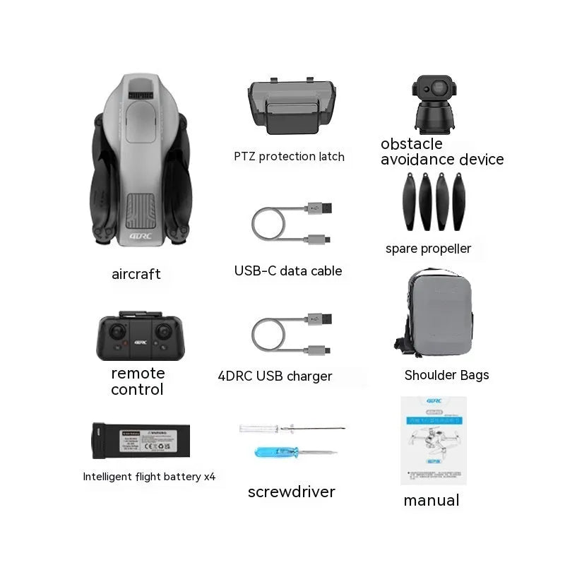 White folding quadcopter drone with 4K camera, shown with remote control and shoulder bag.