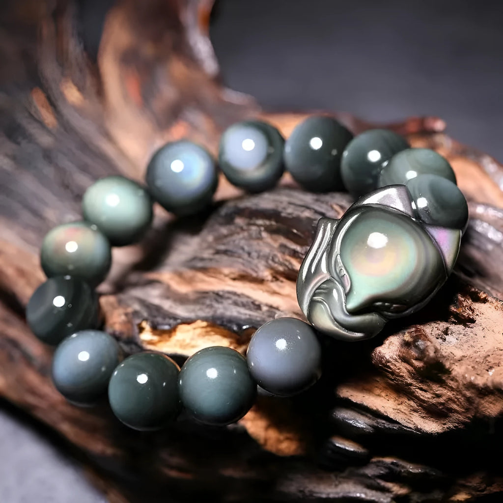 Obsidian fox carved couple bracelet showing animal detail and bead sizing options