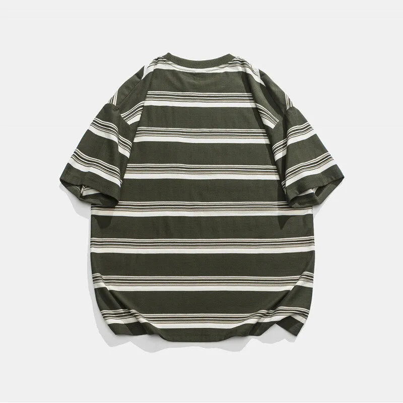Casual loose striped cotton short sleeve round neck T-shirt with front pocket in black and green, sizes M-XXL
