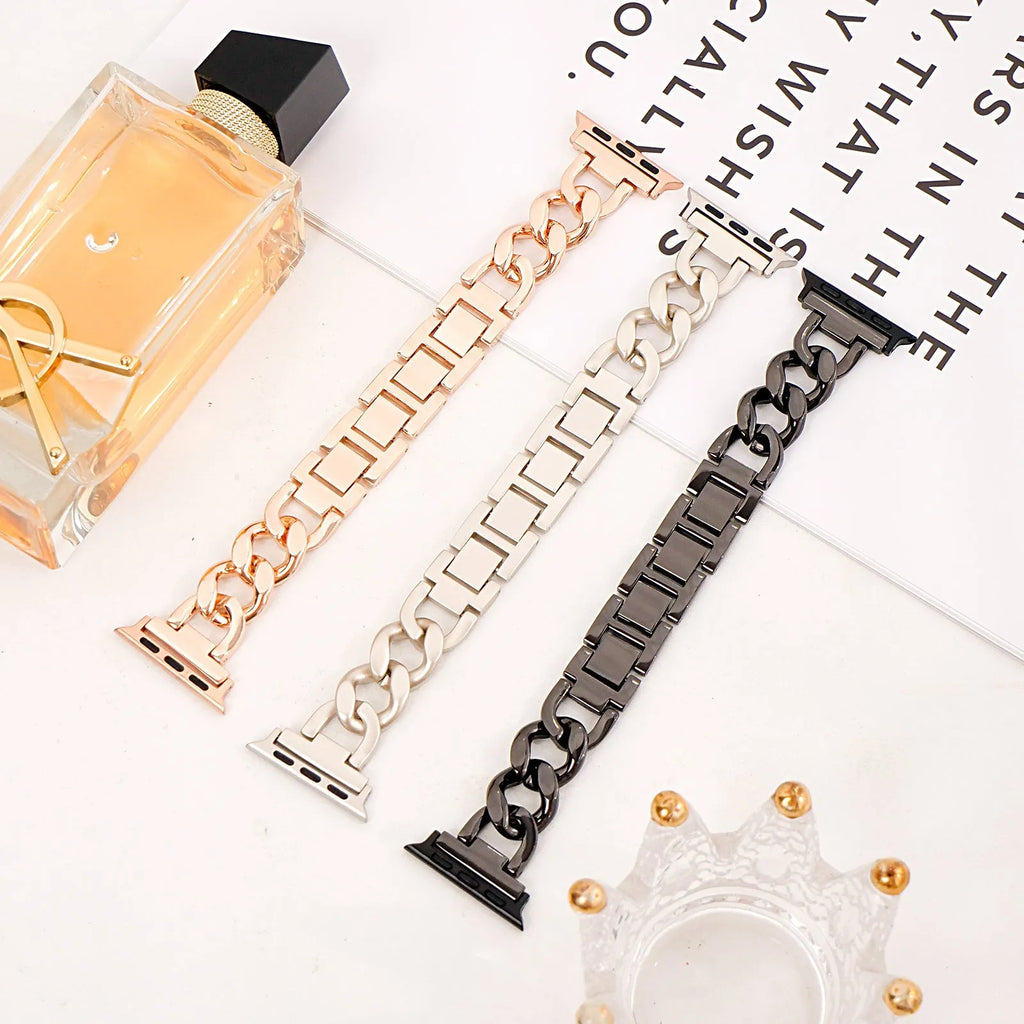 Denim chain link metal strap for Apple Watch in silver, black, gold, rose gold, or Starlight colour.