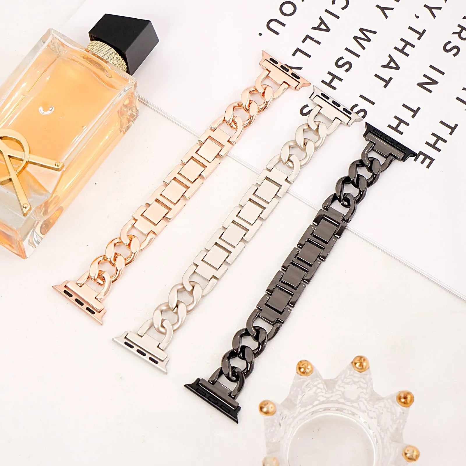 Denim chain link metal strap for Apple Watch in silver, black, gold, rose gold, or Starlight colour.
