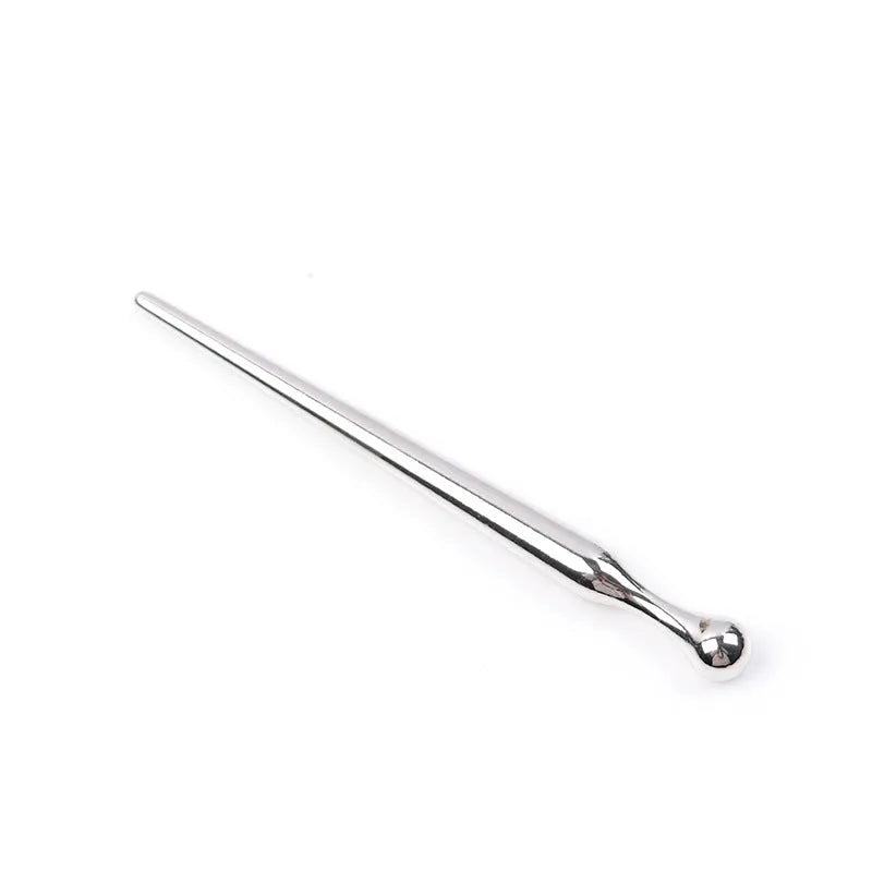 Silver stainless steel urethral plug stick with round beads and flared safety base