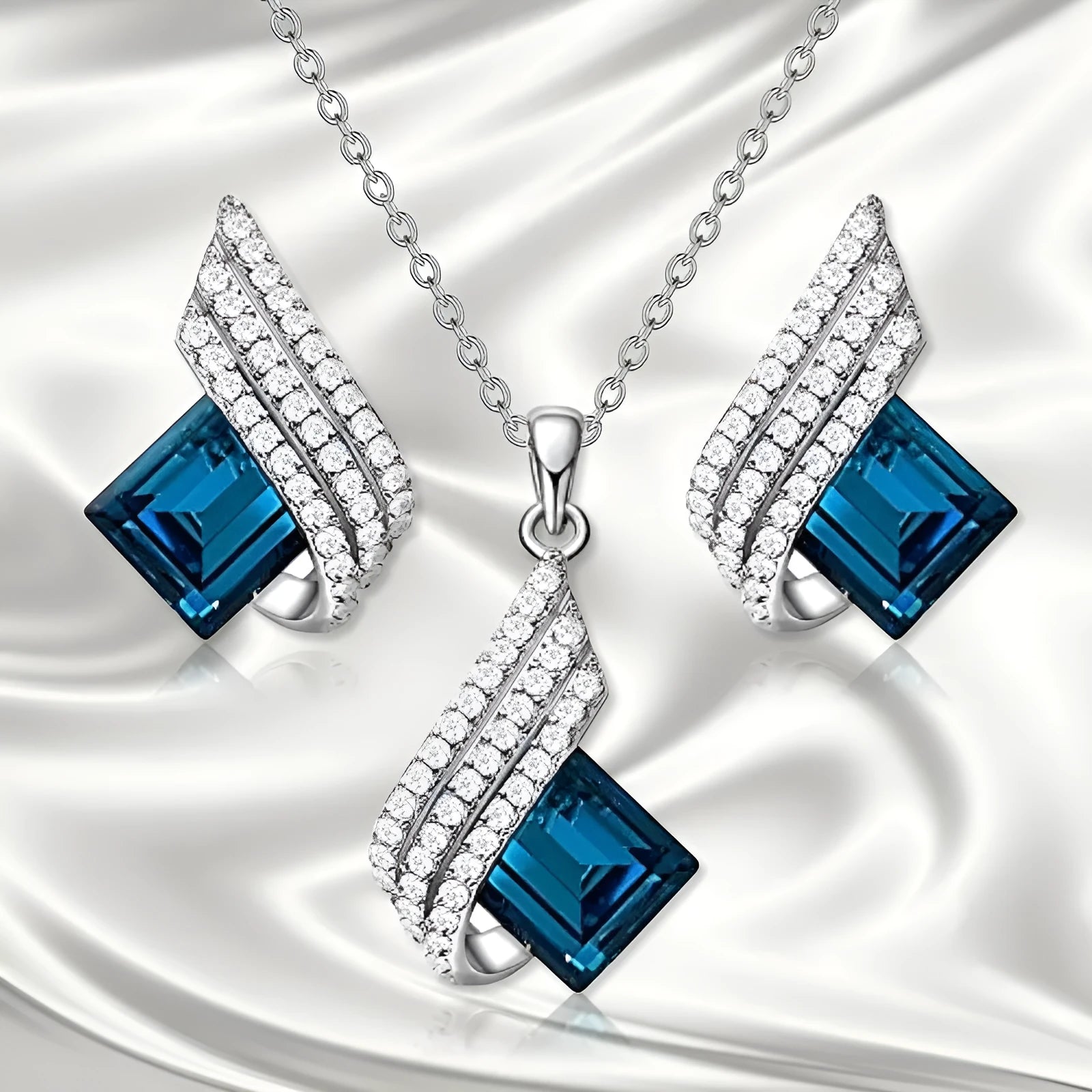 Women's alloy necklace and earring set with glass pendant in European style