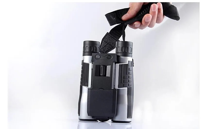 12x32 digital camera binoculars in black with 10x optical zoom, 2.5 inch LCD screen, and nylon waistbag