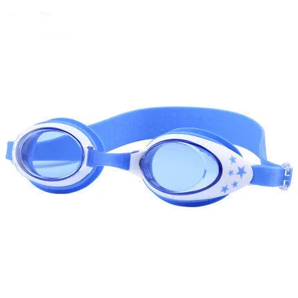 Children's anti-fog swimming goggles with PC lens, blue colour, on white background
