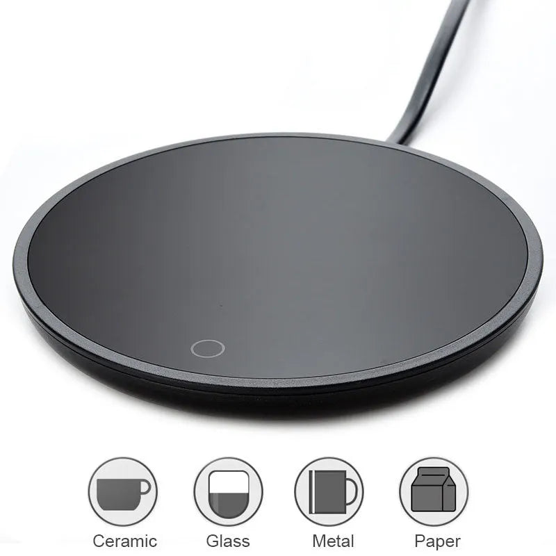 Black electric cup warming pad with tempered glass surface and dual temperature controls