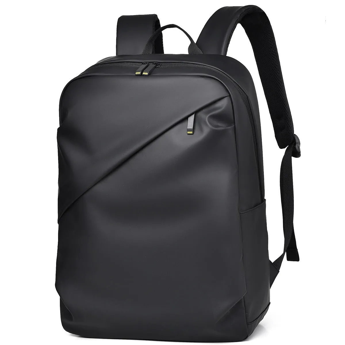 Large black waterproof PU leather backpack for men with simple design and sewing thread details.