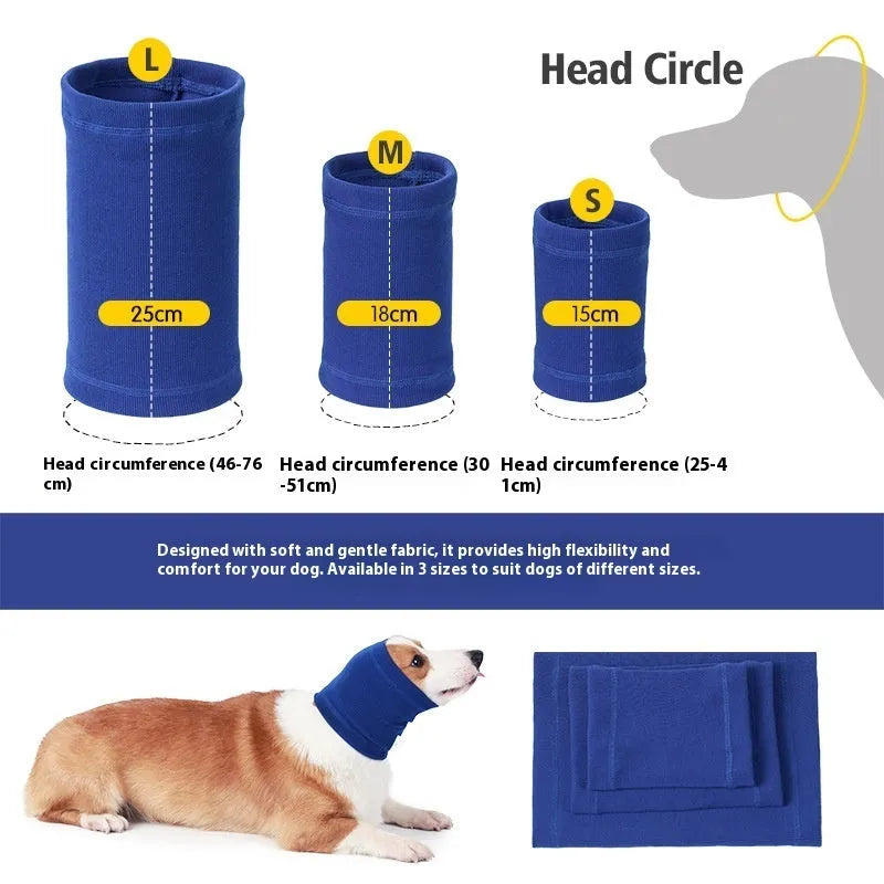 Blue and grey polyester dog comforter headband scarf shown in three adjustable sizes for canine companions
