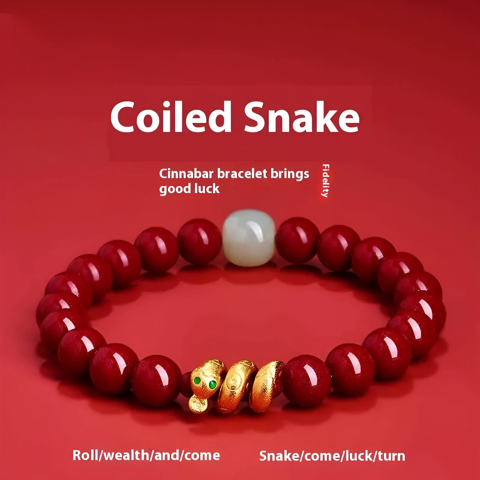 Handmade cinnabar snake zodiac bracelet in Chinese style with 6mm or 8mm bead options