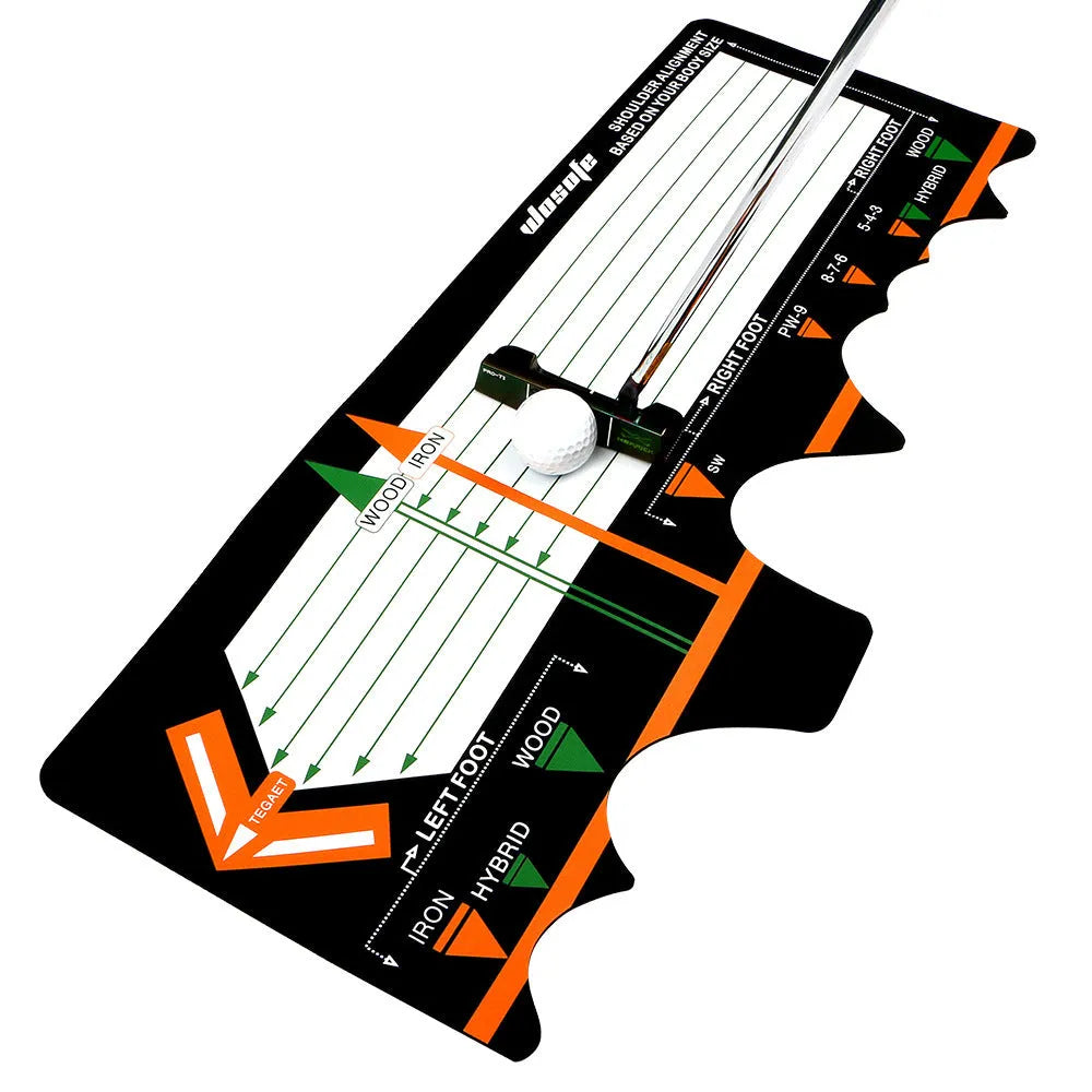 Black neoprene golf swing training pad for stance and posture correction on grass.
