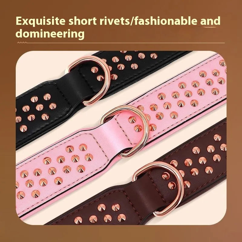 Leather dog collar with metal rivets, shown in black, chocolate, or pink, sized for large dogs.