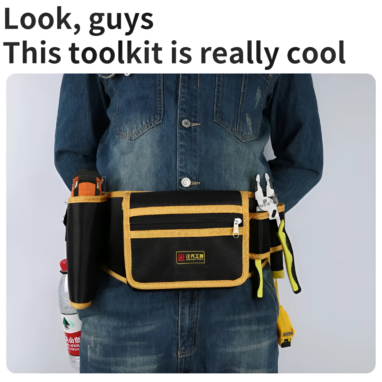 Yellow canvas electrician tool kit waist bag with multi-function storage pockets and belt loop