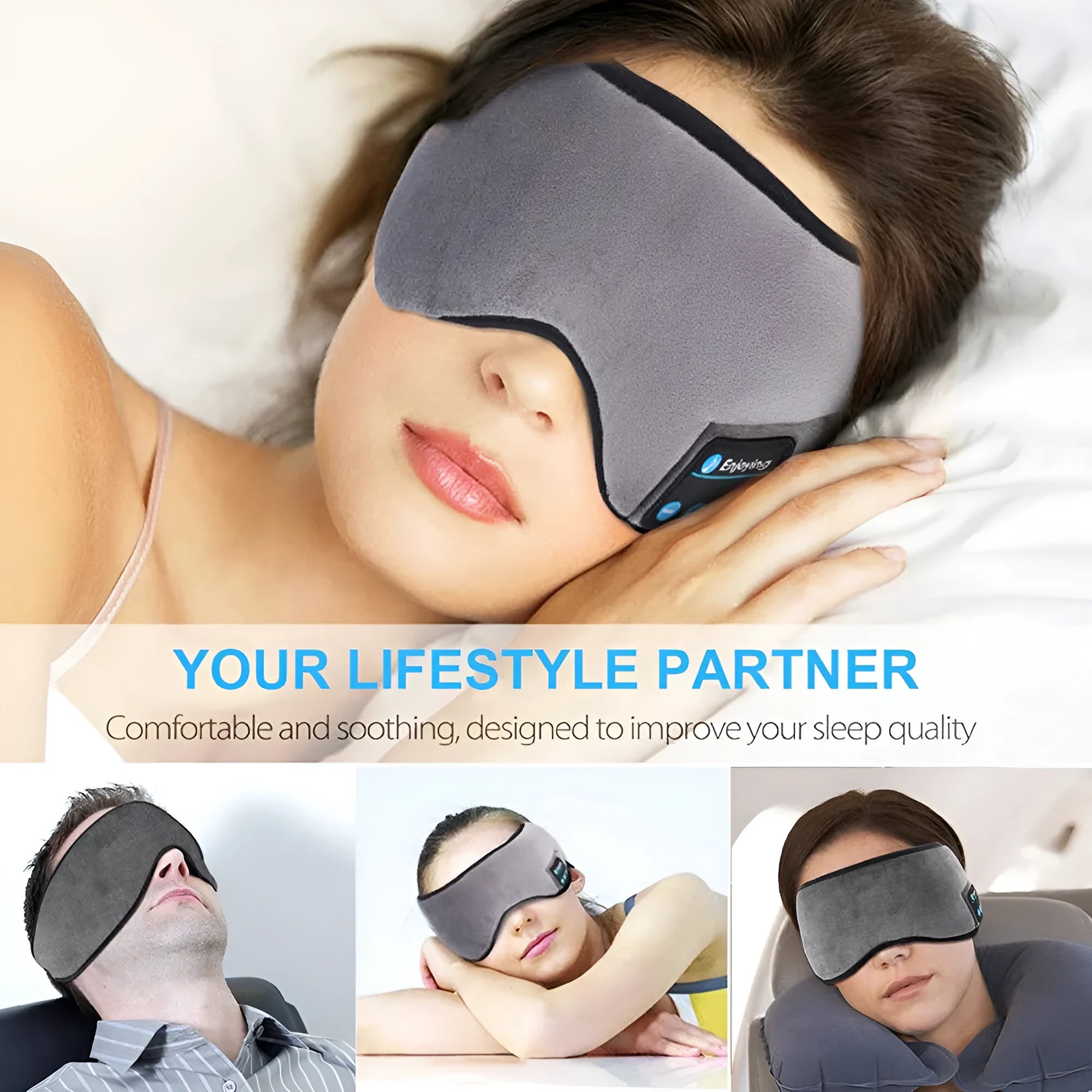 Wireless Bluetooth 5.0 sleeping eye mask with built-in earphones, grey or black velvet headband