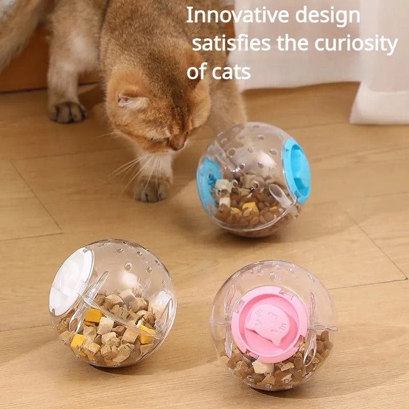 Clear blue slow feed ball for dogs and cats with small openings for treat dispensing