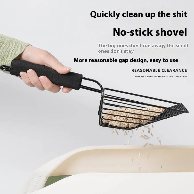 Black metal cat litter scoop with 0.8cm gap spacing between tines for cleaning clumping litter