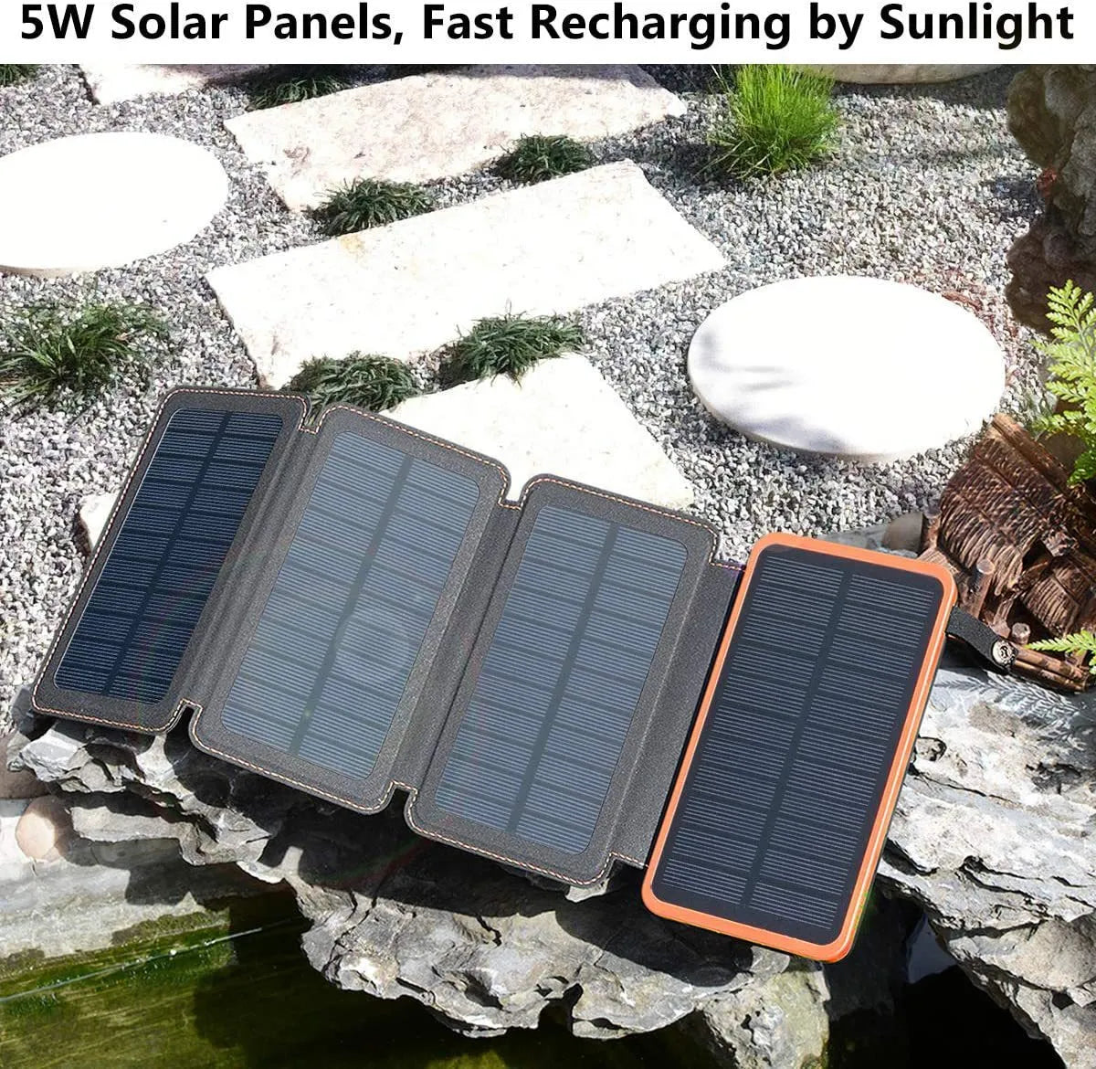 Outdoor solar phone charger power bank with solar panel and LED light in blue colour