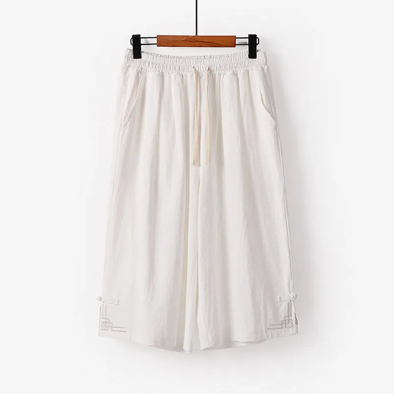 Wide leg cotton linen leisure shorts with embroidery detail in summer colours